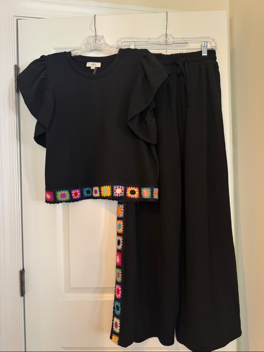 entro Black Two-Piece Set with Colorful Crochet Trim